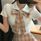 Collared Short-sleeve T-shirt / Plaid Tie / Mini A-line Skirt / Set