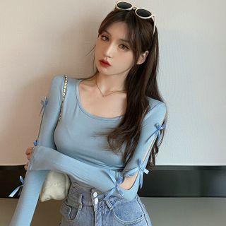 Cutout-sleeve Ribbon-accent Crop T-shirt