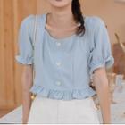 Short-sleeve Square-neck Frill Trim Crop Top