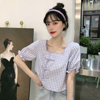 Plaid Frog-button Puff Sleeve Square Neck Blouse