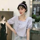 Plaid Frog-button Puff Sleeve Square Neck Blouse