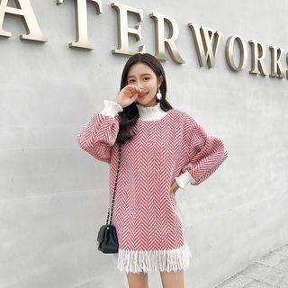 Mock Neck Fringed Herringbone Shift Dress
