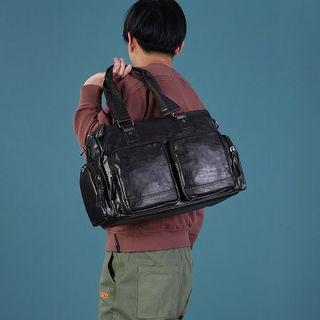 Faux Leather Dual Pockets Duffel Bag Black - One Size