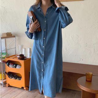 Long-sleeve Loose Fit Denim Shirt Dress Denim - Blue - One Size