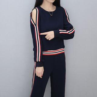 Set: Stripe Trim Cold Shoulder Sweatshirt + Sweatpants