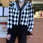 Long-sleeve Plaid Knit Cardigan Black & White - One Size