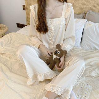 Loungewear Set : Long-sleeve Square-neck Wood Ear Trim Top + Pants Almond - One Size