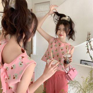 Floral Knit Crop Tank Top Pink - One Size