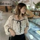 Square-neck Floral Chiffon Lace-up Strap Shirt Almond - One Size