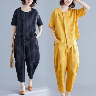 Set: Elbow-sleeve Linen Blend Top + Cropped Harem Pants