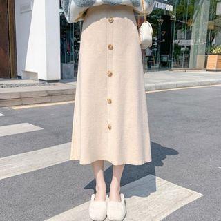 High Waist Button-up Knit Midi A-line Skirt