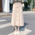 High Waist Button-up Knit Midi A-line Skirt