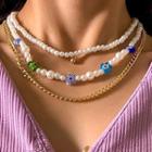 Faux Pearl Necklace Set Of 3 - White & Gold - One Size