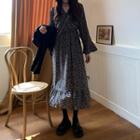 Cable-knit Sweater / Flower Print Long-sleeve Midi A-line Dress