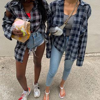 Cutout-shoulder Checked Shirt