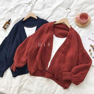 Plain Cable-knit Puff-sleeve Cardigan