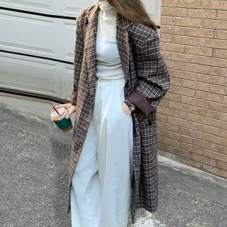 Single Breasted Plaid Long Coat Dark Brown - One Size