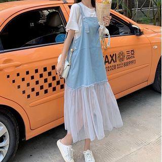 Set: Short-sleeve Blouse + Denim Overall Dress