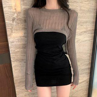 Long-sleeve Knit Top / Spaghetti Strap Mini Sheath Dress