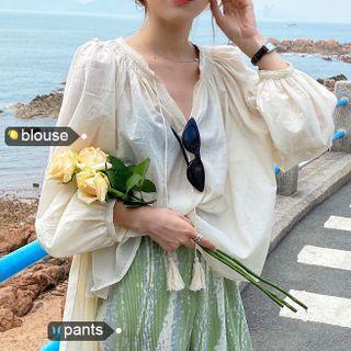 Tassel Balloon-sleeve Blouse / Wide-leg Pants