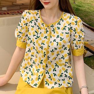 Puff-sleeve Floral Blouse / High-waist Plain A-line Skirt
