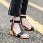 Faux-leather Square-toe Block-heel Sandals