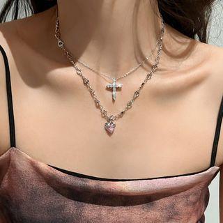 Rhinestone Heart Necklace / Crisscross Necklace / Set