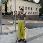 Short-sleeve Plaid Cropped Top / Plain Pants