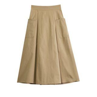 High-waist Plain Dual-pocket A-line Midi Skirt