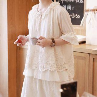 Frilled Lace Panel Oversized Blouse Off-white - One Size