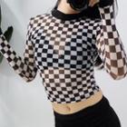 Long-sleeve Checker Print Mesh T-shirt