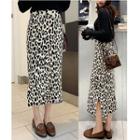 Leopard Print Midi Knit Skirt Almond - One Size