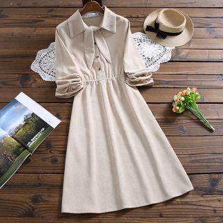 Plain Collared Tie-neck Long-sleeve Dress