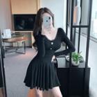 Long-sleeve Tie Back Mini A-line Dress