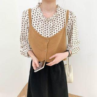 Floral Ruffle Oversize Blouse / Plain Button-up Vest