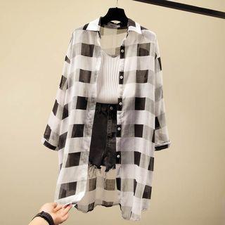 Long-sleeve Checker Long Chiffon Shirt