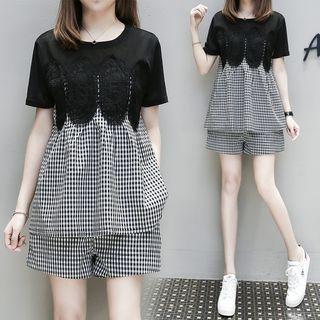 Set: Short-sleeve Checker Panel Top + Wide-leg Shorts