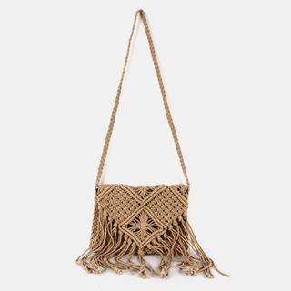 Fringed-flap Woven Shoulder Bag