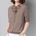 Mock Two-piece Long-sleeve Collared Plaid Blouse