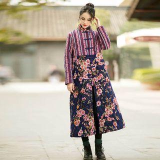 Floral Print Padded Knot Button Long Coat