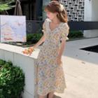 Puff-sleeve Floral Side-slit A-line Dress