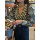 Frill Trim Plaid Blouse Green - One Size