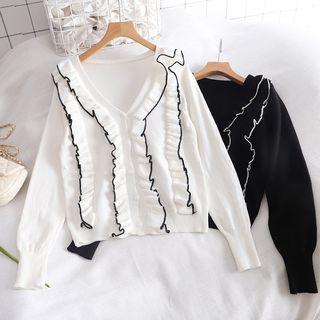 Contrast Trim Frilled Knit Cardigan