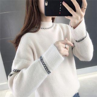 Cross Embroidered Ribbed Sweater