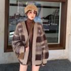 Plaid Loose-fit Cardigan / Plain Turtle-neck Long-sleeve Top / Plain Mini Skirt