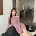 Long-sleeve Cold-shoulder Knit Mini Sheath Dress