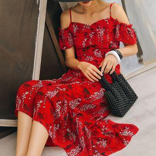 Short-sleeve Cold-shoulder Print Midi Dress