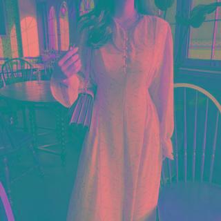 Long-sleeve V-neck Floral Print Midi Chiffon Dress