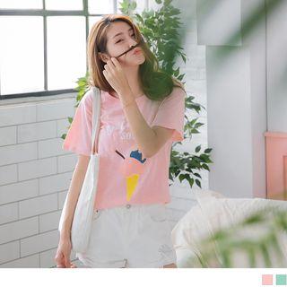 Short Sleeve Round Neck Icecream Letter Print T-shirt