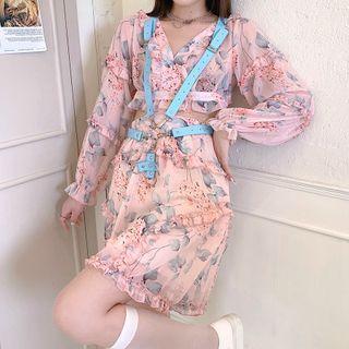 Floral Long-sleeve Cropped Top / Floral Skirt / Body Harness
